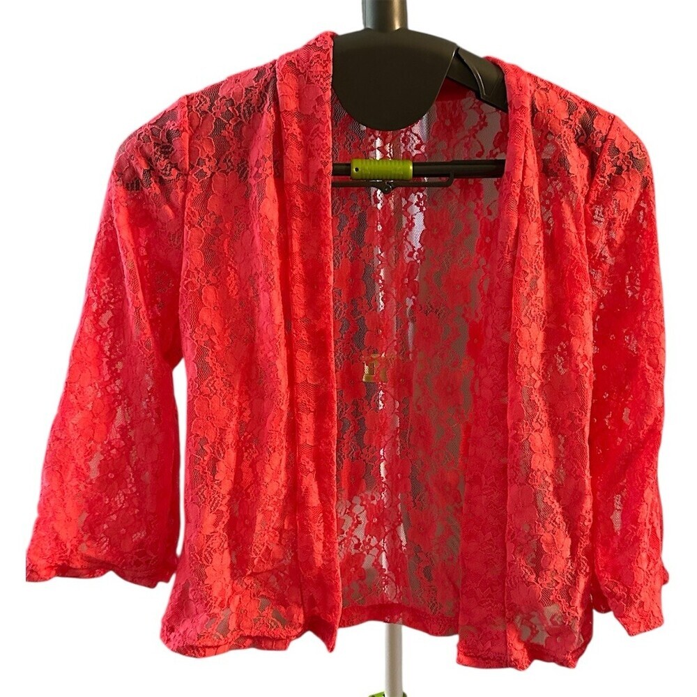 Girls Cardigan Cover Up Size 6-7T Red Floral Lace Sheer Open Front LS